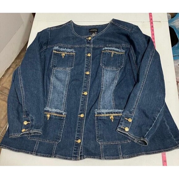 Catherines Womens Plus Size 2X Denim Jean Jacket Gold Tone Buttons Fringe Accent - Picture 7 of 9